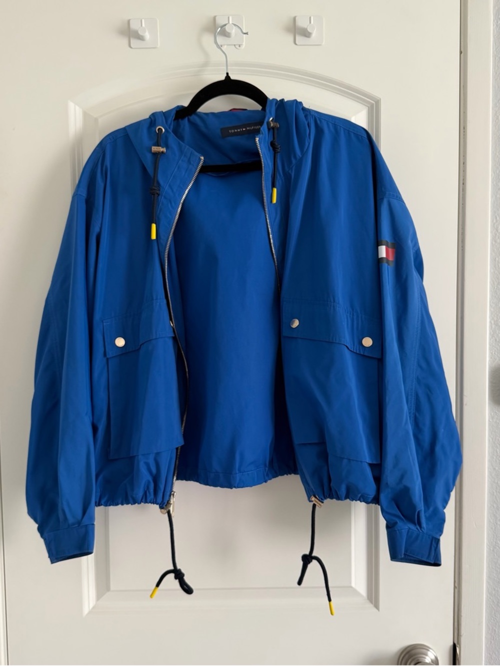 Tommy Hilfiger Blue Hooded Windbreaker with Yellow Cord Tips